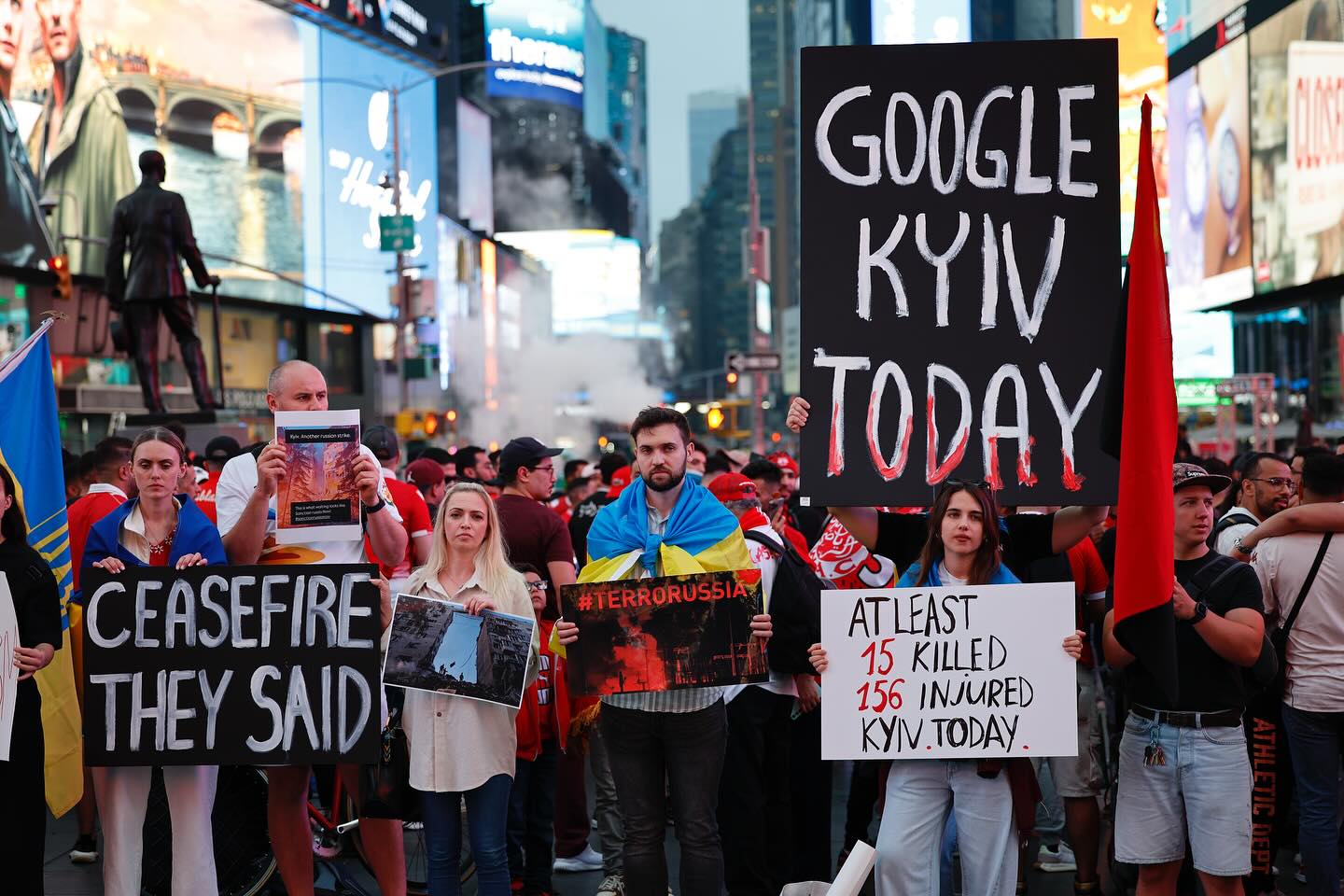 Activists gather at Times Square in a demonstration to remind about Russia's aggression against Ukraine after the recent 17 June strike killed 28 civilians and injured over 100.