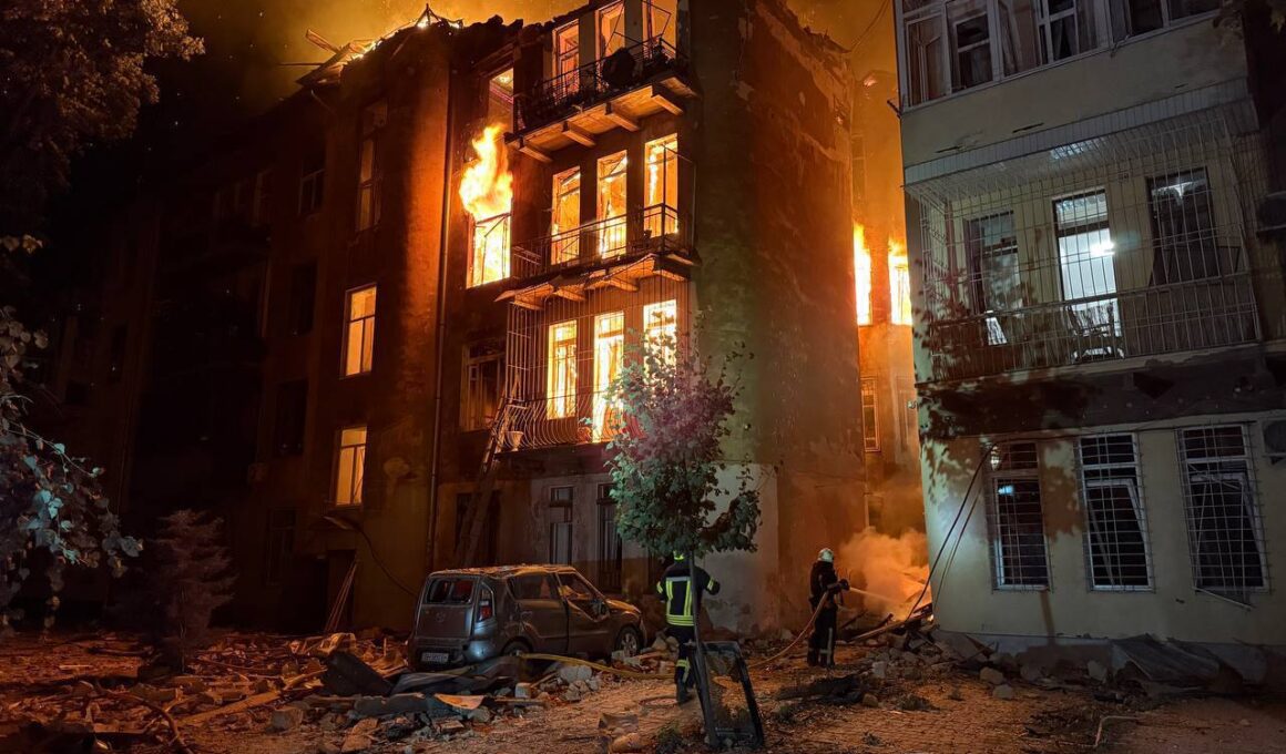 rescuers among injured russia again targets civilians odesa kharkiv apartment building fire after russian drone strike 20 2025 telegram/hennadii trukhanov 59920d07-2adb-44a2-84a8-0cb7302ef8e5 collapsing structure wounded three firefighters during intense operations save