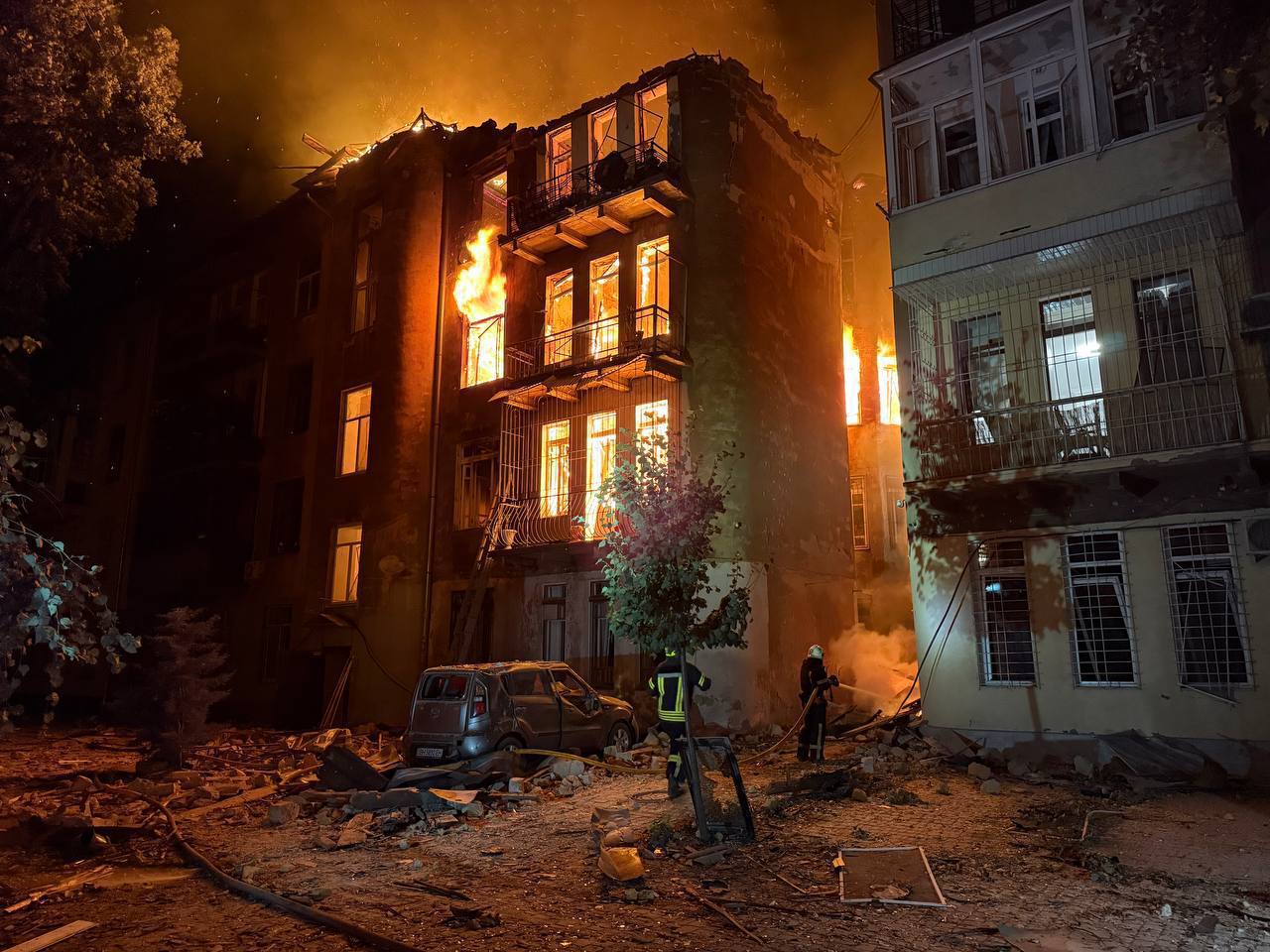 rescuers among injured russia again targets civilians odesa kharkiv apartment building fire after russian drone strike 20 2025 telegram/hennadii trukhanov 59920d07-2adb-44a2-84a8-0cb7302ef8e5 collapsing structure wounded three firefighters during intense operations save