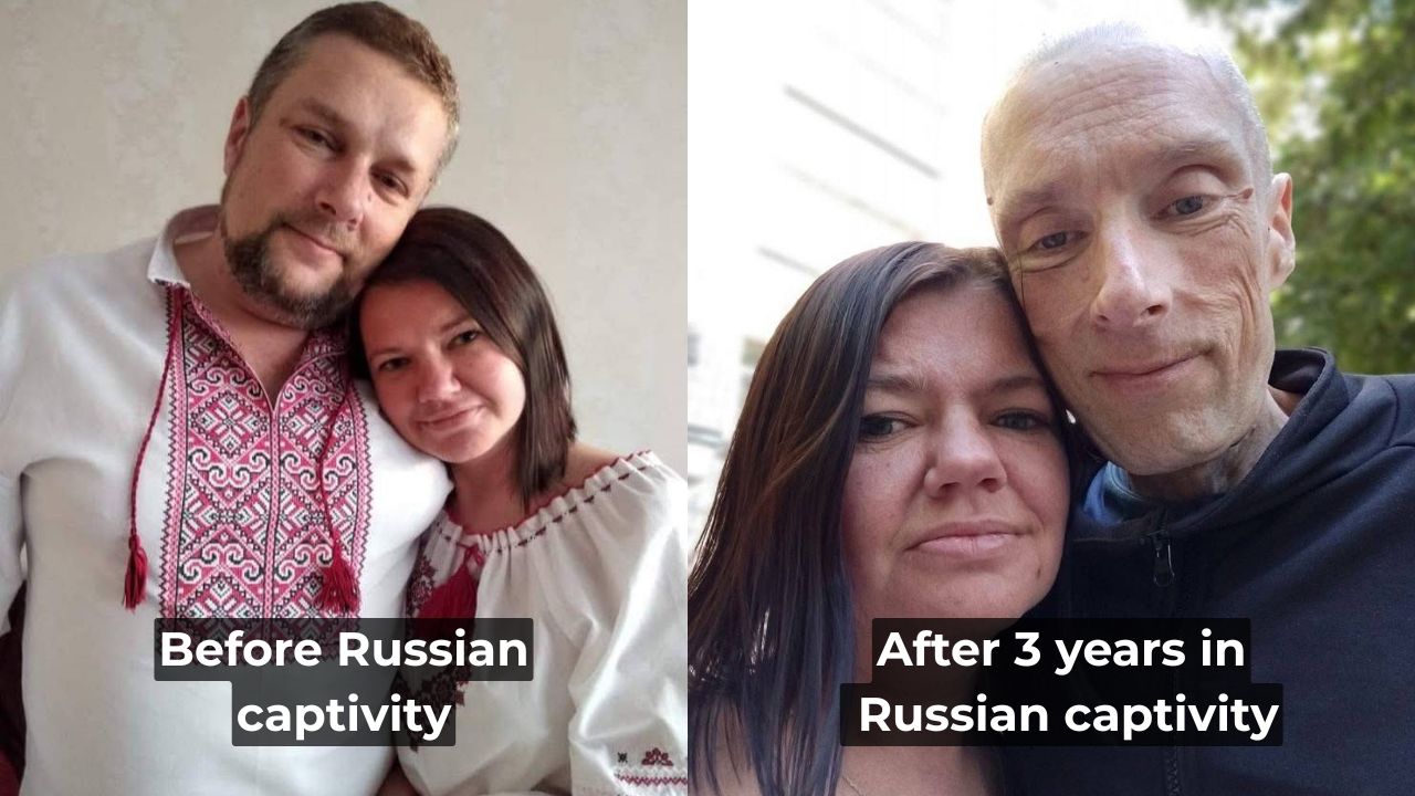Oleksandr and his wife Olena before Oleksandr was captured and after he spent three years in Russian captivity.
