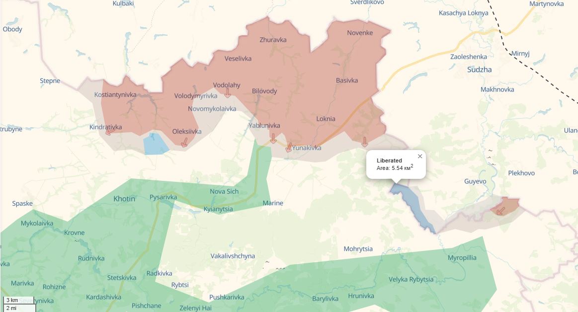 As of 22 June 2025, Deep State's map shows only 5.5 sq. km. in Kursk Oblast as Ukrainian-controlled. Red area: recently occupied by Russia, light blue: recently liberated by Ukraine, green: liberated back in 2022.