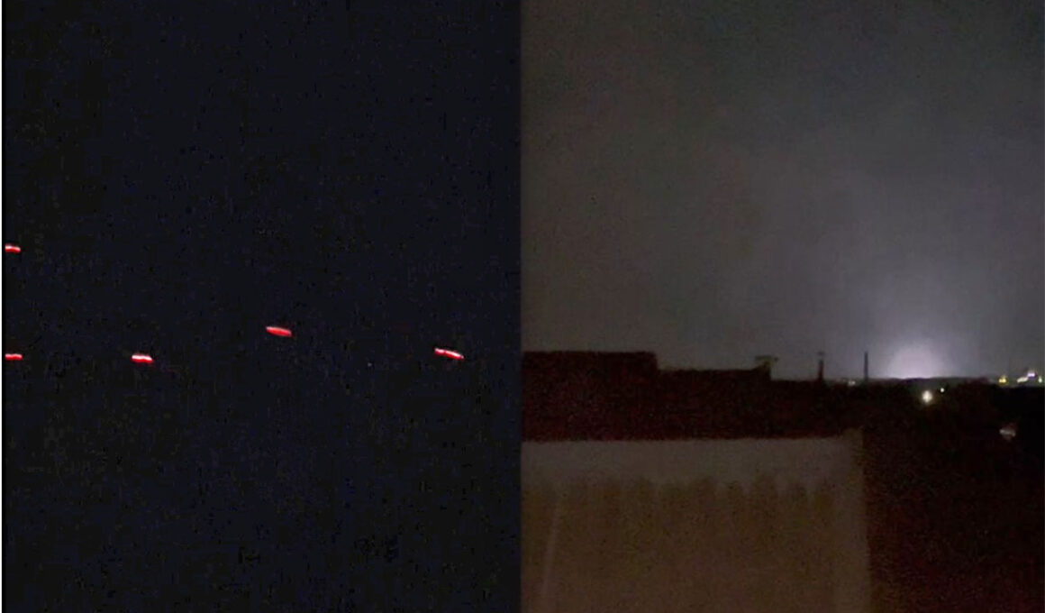 ukraine targets millerovo air base cripples energy occupied south left tracers sky russia's rostov oblast; right transformer facility explosion melitopol part ukraine's zaporizhzhia oblast 4-5 2025 scource telegram/supernova+ launched overnight