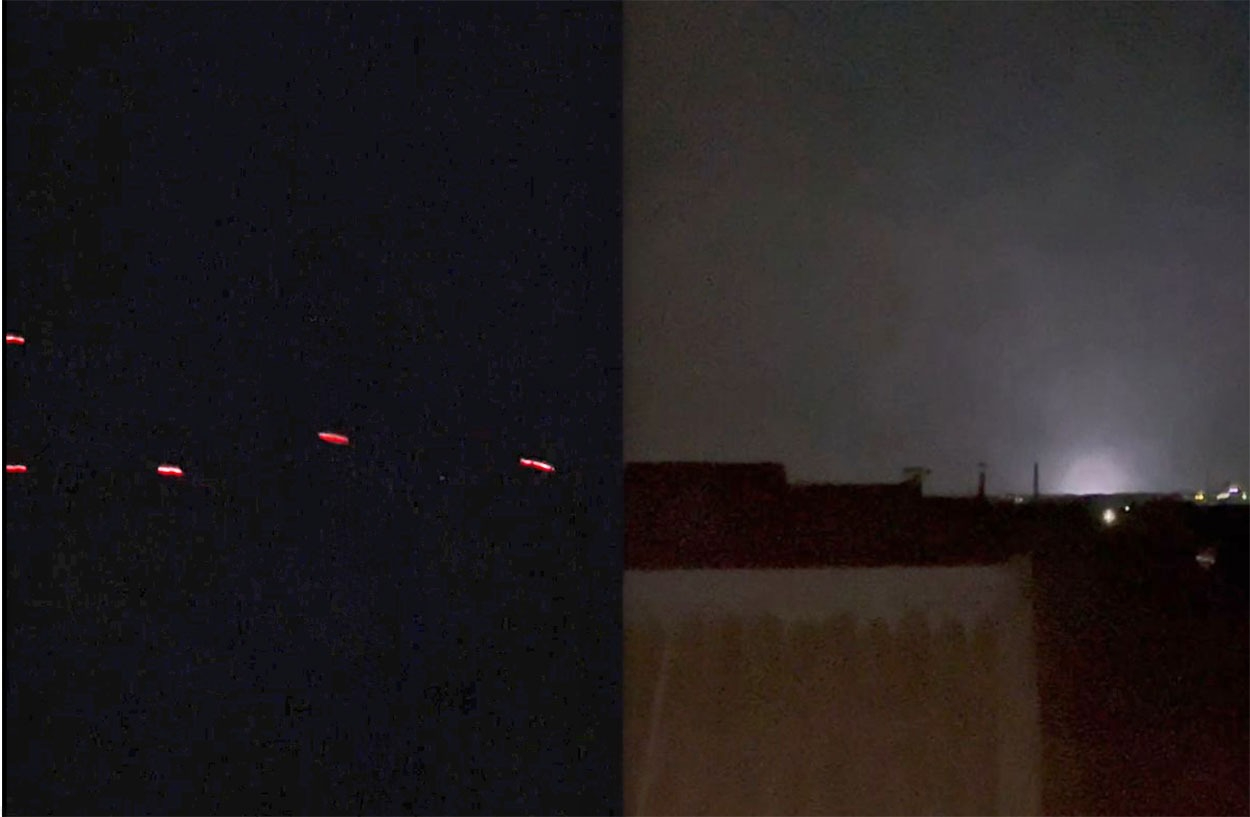 ukraine targets millerovo air base cripples energy occupied south left tracers sky russia's rostov oblast; right transformer facility explosion melitopol part ukraine's zaporizhzhia oblast 4-5 2025 scource telegram/supernova+ launched overnight