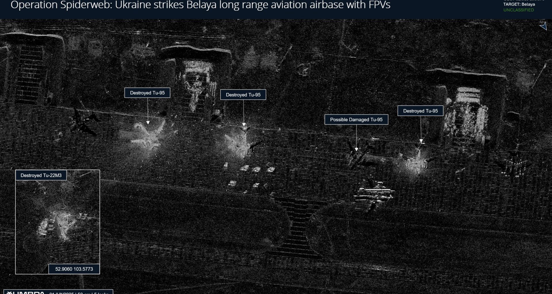 Newly released imagery from American aerospace company Umbra Space shows destroyed Tu-22M3 and Tu-95 strategic aircraft at Russia's Belaya airfield in Irkutsk Oblast after the Ukrainian Spiderweb drone operation.