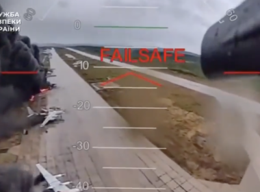 A screenshot from the Ukraine's Security Service (SBU) video, showing the Spiderweb operation that targeted Russian airbases across four regions and destroyed or damaged 41 Russian military aircraft.