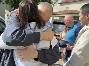 Belarus political prisoner Sergei Tikhanovsky hugs his wife and key Belarusian opposition figure Svetlana Tikhanovskaya after he was released on 21 June 2025 following five years in prison on "extremist and terrorist charges."
