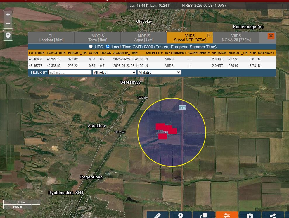 NASA FIRMS data on fires at the Atlas fuel facility north of Rostov Oblast's Kamensk-Shakhtinsky on 23 June 2025.