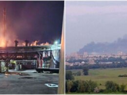 ukraine hits two russian plants tied explosives production stavropol samara regions nevinnomysk azot krai (l) novokuybyshevsk petrochemical company oblast (r) 14 2025 azot-stavropol-samara-explosives-plants-burning ukrainian drones struck overnight damaging facilities connected