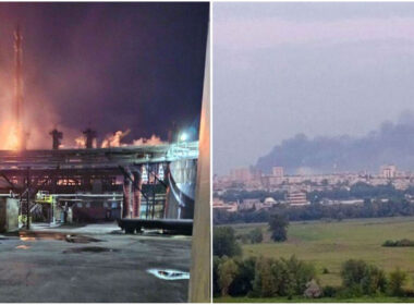 ukraine hits two russian plants tied explosives production stavropol samara regions nevinnomysk azot krai (l) novokuybyshevsk petrochemical company oblast (r) 14 2025 azot-stavropol-samara-explosives-plants-burning ukrainian drones struck overnight damaging facilities connected