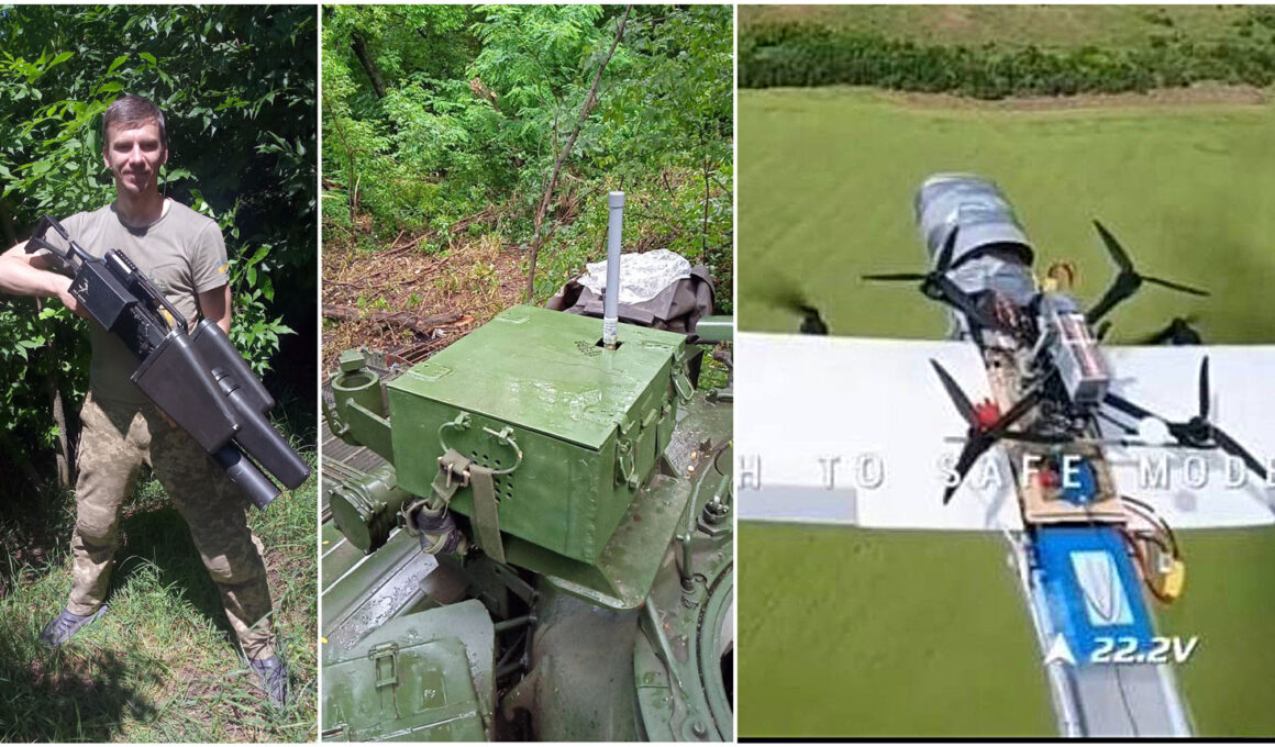 electronic warfare era over frontline ew officer's story ukraine’s drone tug-of-war left right ihor shutyi holding handheld anti-drone rifle 2023 (source facebook); ukrainian t-72 tank fitted equipment container militarnyi); russian