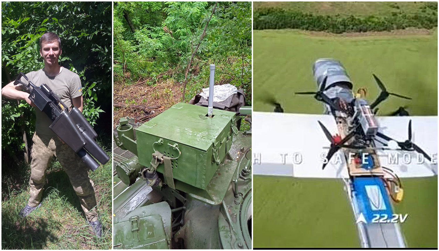 electronic warfare era over frontline ew officer's story ukraine’s drone tug-of-war left right ihor shutyi holding handheld anti-drone rifle 2023 (source facebook); ukrainian t-72 tank fitted equipment container militarnyi); russian