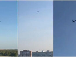 Ukrainian fixed-wing drone - presumably Liutyi - flying over Nizhnekamsk in Russia's Tatarstan on 10 June 2025. Source: Telegram/Exilenova+