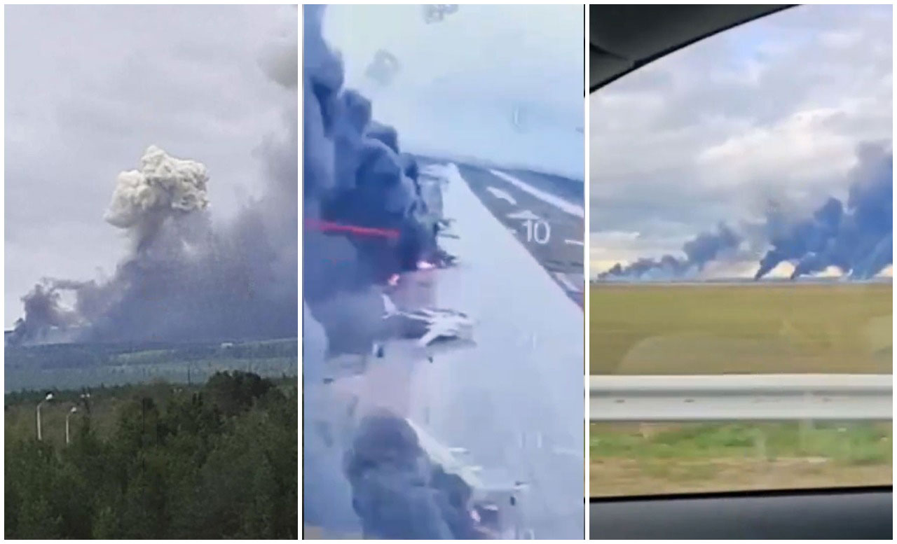 breaking russian strategic bombers ablaze under sbu drone attack (video) fires russia's bomber bases olenya (murmansk oblast) belaya (irkutsk frame middle shows ukrainian fpv view tu-95 fire olenya-belaya-bombers-on-fire ukraine strikes