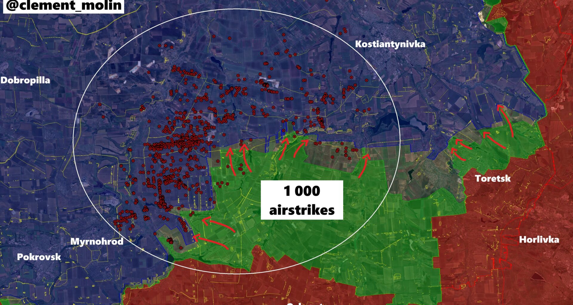 OSINT analysis revealed nearly 1,000 Russian bomb strikes within weeks, targeting Ukraine's second line of defense between Pokrovsk and Kostiantynivka in Donetsk Oblast. Map: X/@clement_molin