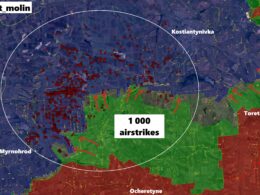 OSINT analysis revealed nearly 1,000 Russian bomb strikes within weeks, targeting Ukraine's second line of defense between Pokrovsk and Kostiantynivka in Donetsk Oblast. Map: X/@clement_molin