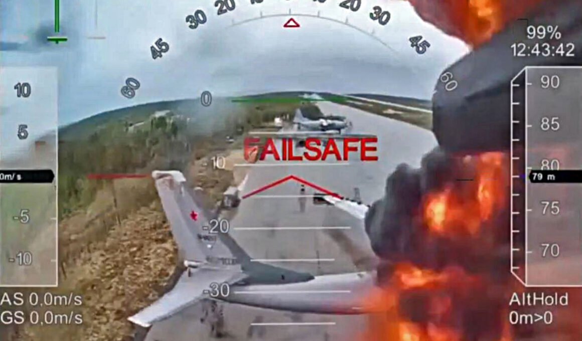 trojan truck op kyiv destroys 34% russia's strategic bomber fleet within hours truck-launched fpv drones (updated) russian tu-95 nuclear-capable burning after drone strike amother flying over next target russian-tu-95-burning-after-ukrainian-drone-strike zelenskyy
