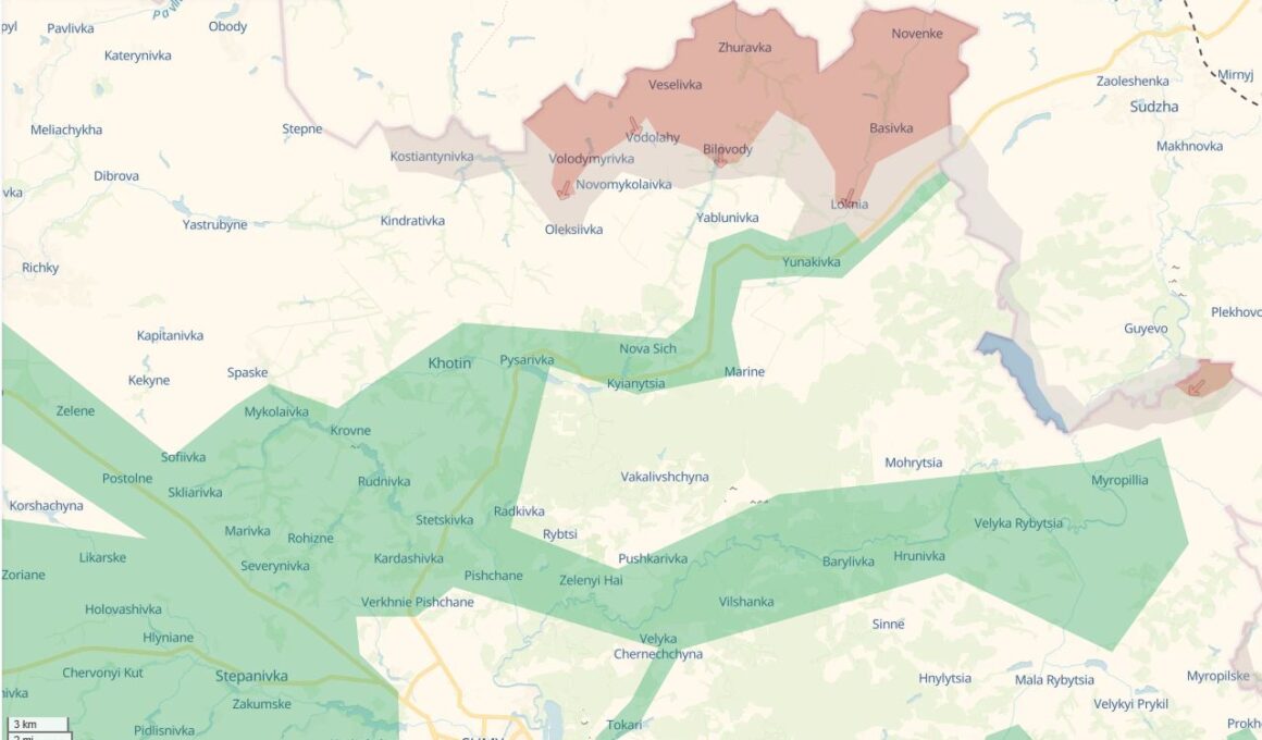 russia tries break through northern ukraine’s sumy city amid ceasefire talks situation oblast 1 2025 russian-occupied area red ukraine-controlled parts russia's kursk blue ukraine news ukrainian reports