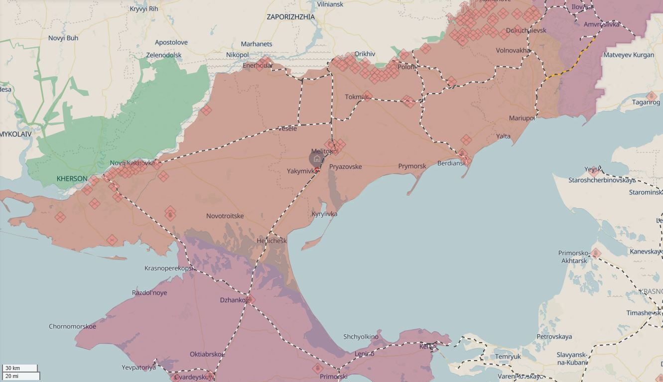 explosion derails russian military convoy occupied zaporizhzhia oblast hur says yakymovka deep state's railways marked white black dashed lines yakymivka train blown up near town overnight 31 damaging fuel wagons