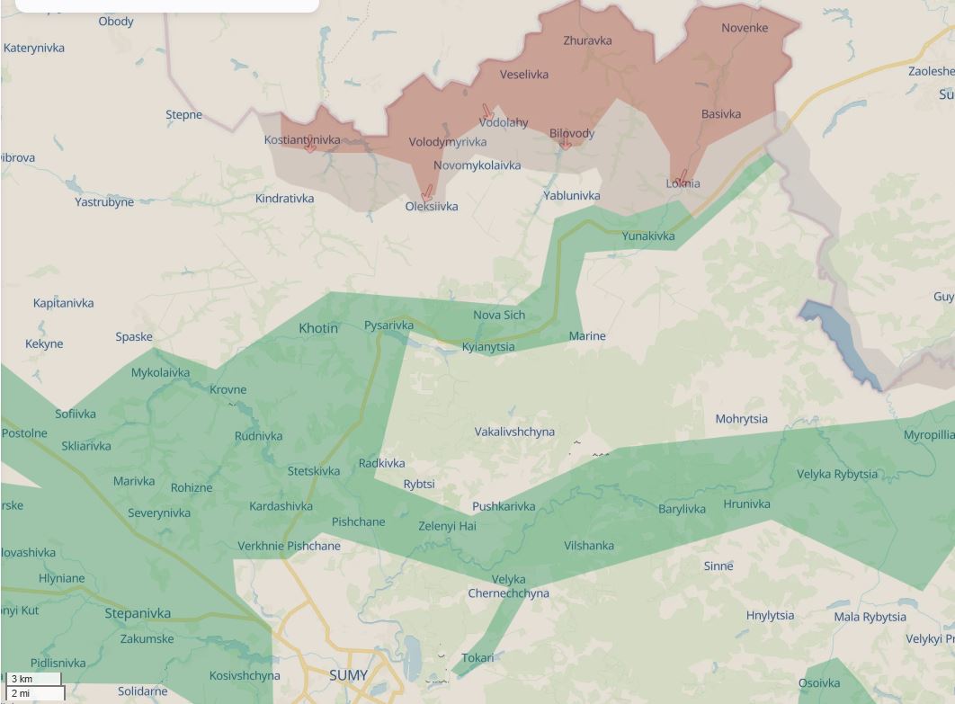 Situation is SU,y Oblast as of 3 June 2025: the Russian forces are 26 km away from Sumy city. Map: Deep State.