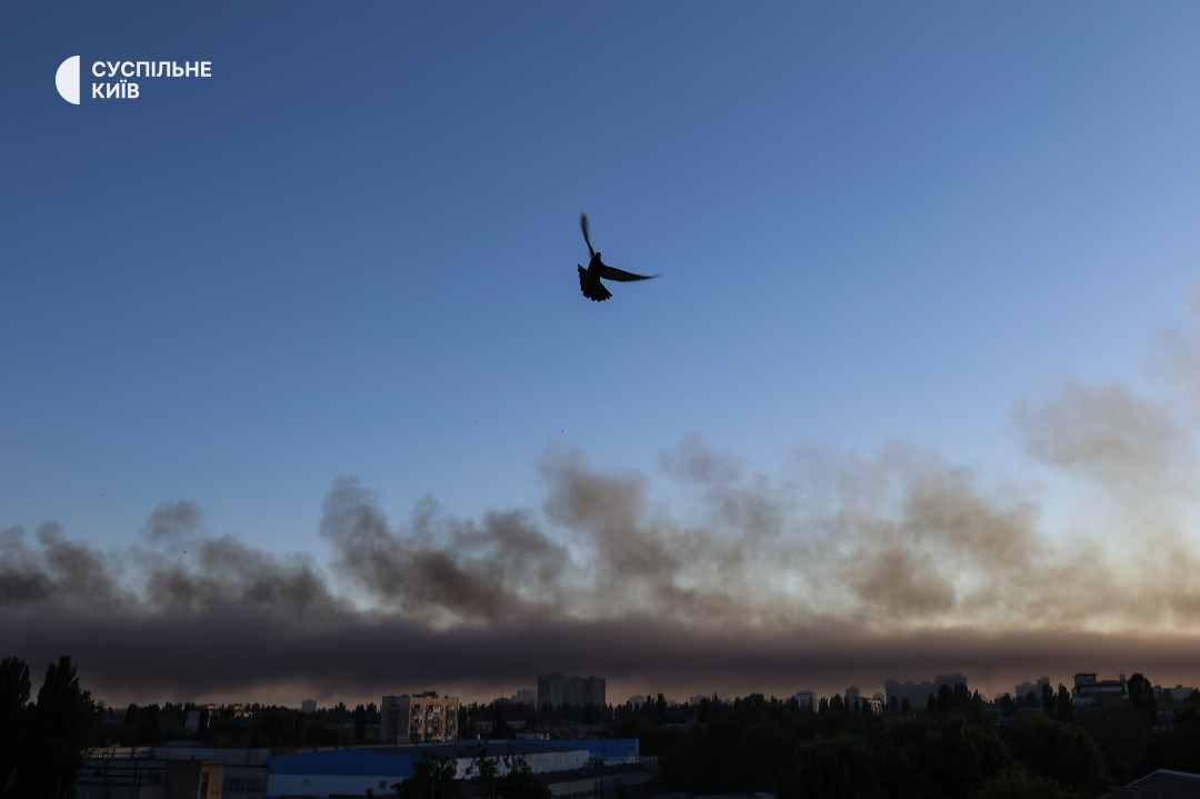 A bird in the smoke-filled sky after Russia’s attack. Kyiv, 4 July 2025. Ivan Antypenko/Suspilne News