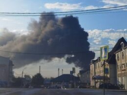 smoke rises following ukrainian drone strike sergiyev posad moscow oblast russia 4 2025 shaheds ukraine news reports
