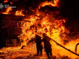 Russian evening strike on Chuhuiv in Kharkiv Oblast sparked two major fires—one at a unspecified city facility that rescue teams battled for hours, and another at the local post office that spread to nearby homes and vehicles.