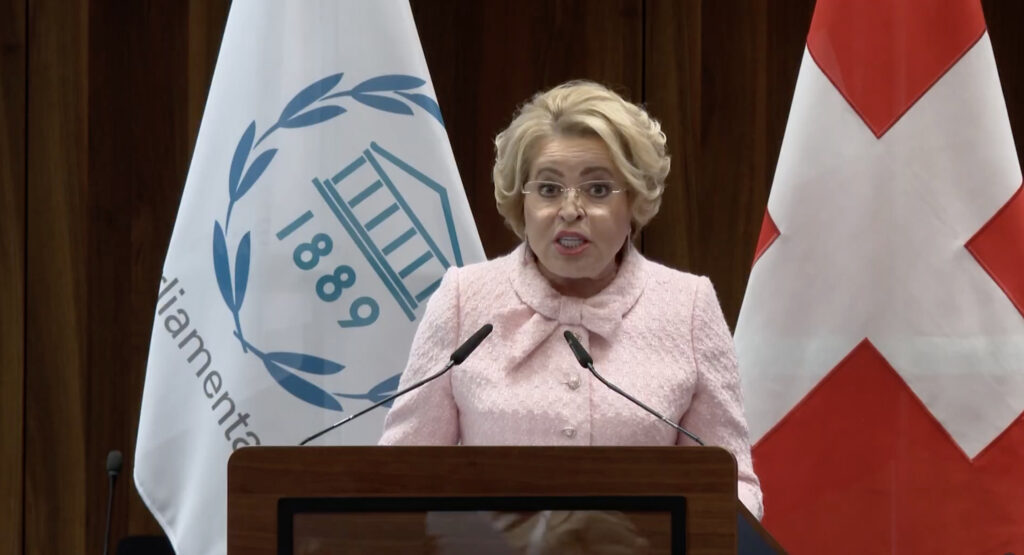Valentina Matviyenko, Chairwoman of the Federation Council of the Russian Federation, addressed international parliamentarians in Geneva this week despite being sanctioned.