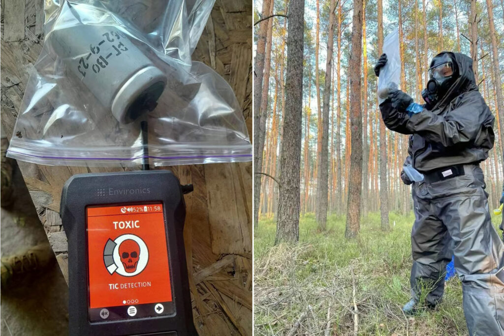 Mobile units collect and analyze samples of Russian-used chemical weapons along the entire frontline. Left: a Russian RG-Vo hand grenade tests positive for toxic agents. Right: Ukrainian specialist in full protective gear examines a recovered sample. Photo: Command of the Support Forces of Ukraine, via Ukrainska Pravda.