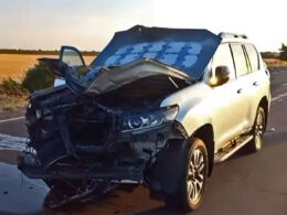 russia's “human safari” drone smashes rabbi’s vehicle — family car survives direct hit wrecked suv kherson’s chief rabbi itzhak wolff after russian strike toyota-kherson-rabbi amid human safari attack kherson's yossef
