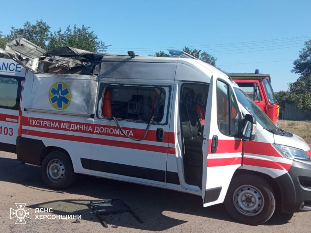 A Ukrainian ambulance that was struck by a Russian drone in Kherson Oblast on 13 August.