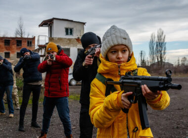 Uzhgorod region, Ukraine - February 19, 2022: Civilians in Ukraine are training in one of the abandoned factories to defend their country in case of Russian invasion.