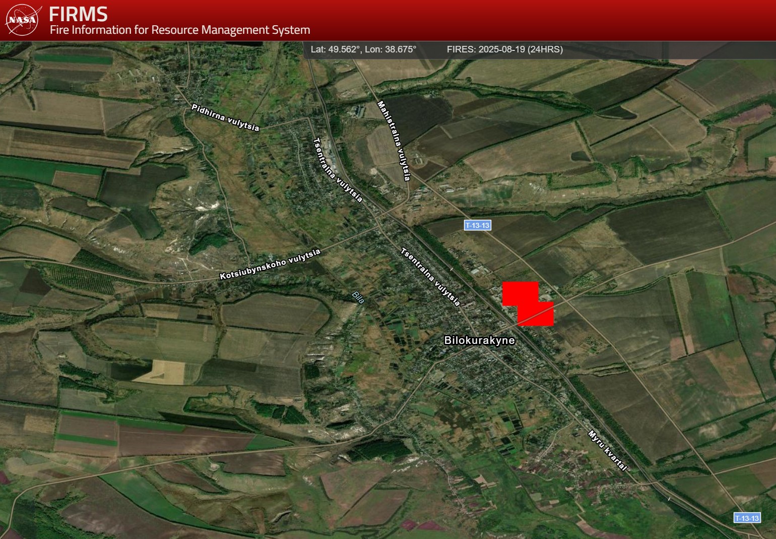 NASA FIRMS satellite showing thermal anomalies in Bilokurakyne