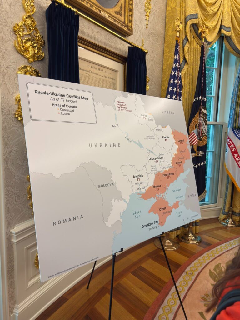 oval office showed 20% ukraine taken—zelenskyy says just 1% 1000 days actually russian-occupied ukrainian territories displayed ahead 18 summit us-prepared dated 17 shows estimated control levels oblast note disclaiming authority