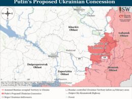Putin's proposed Ukrainian concession. Map: ISW. ISW: Give up Ukrainian fortress belt shield, take nothing in return—Putin’s ceasefire pitch to Ukraine