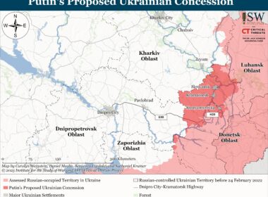 Putin's proposed Ukrainian concession. Map: ISW. ISW: Give up Ukrainian fortress belt shield, take nothing in return—Putin’s ceasefire pitch to Ukraine
