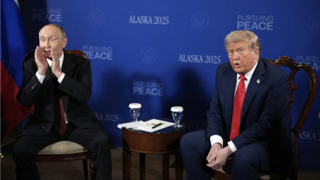 US President Donald Trump and Russian President Vladimir Putin sit for talks at Joint Base Elmendorf-Richardson in Anchorage, Alaska on 15 August 2025 during their first summit since Trump's return to office aimed at ending the war in Ukraine.