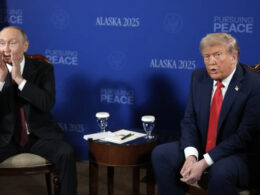 US President Donald Trump and Russian President Vladimir Putin sit for talks at Joint Base Elmendorf-Richardson in Anchorage, Alaska on 15 August 2025 during their first summit since Trump's return to office aimed at ending the war in Ukraine.