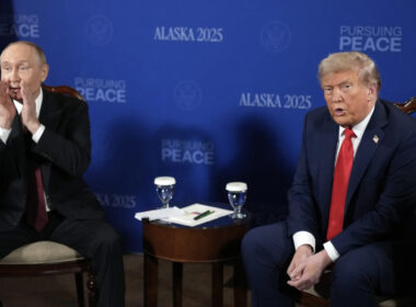 US President Donald Trump and Russian President Vladimir Putin sit for talks at Joint Base Elmendorf-Richardson in Anchorage, Alaska on 15 August 2025 during their first summit since Trump's return to office aimed at ending the war in Ukraine.