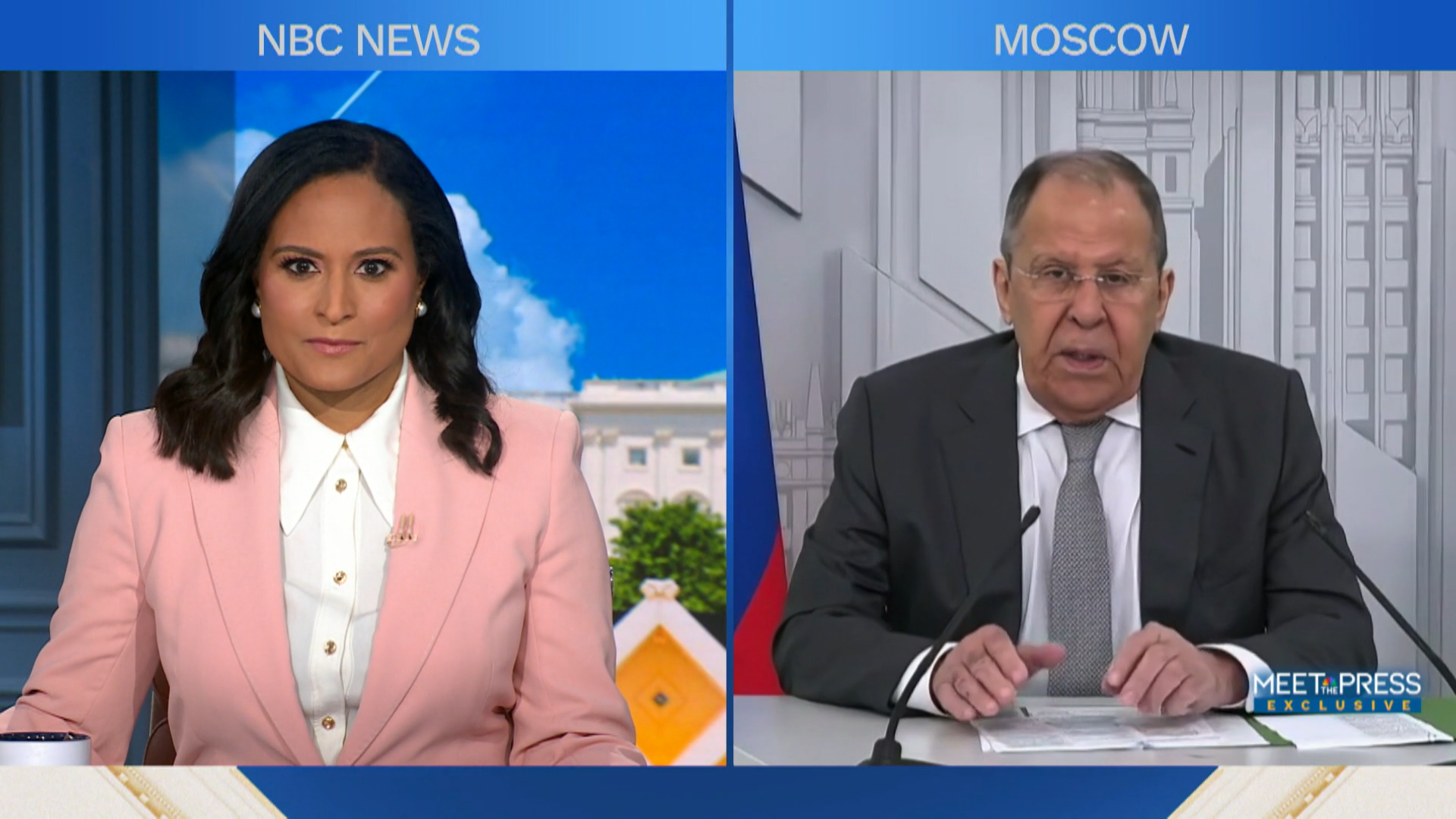 Split screen showing NBC News "Meet the Press" interview with interviewer Kristen Welker in NBC studio on left and Russian Foreign Minister Sergey Lavrov speaking from Moscow on right.