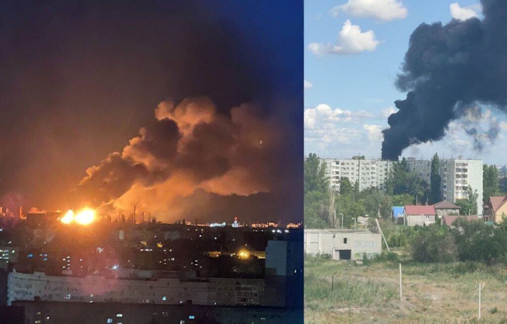 ukraine’s drones turn volgograd night firestorm — lukoil’s biggest refinery ablaze after fuel spill ignites fires burning lukoil-volgogradneftepererabotka overnight drone strike 14 2025 left flames smoke rising over city right