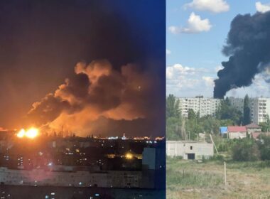 ukraine’s drones turn volgograd night firestorm — lukoil’s biggest refinery ablaze after fuel spill ignites fires burning lukoil-volgogradneftepererabotka overnight drone strike 14 2025 left flames smoke rising over city right
