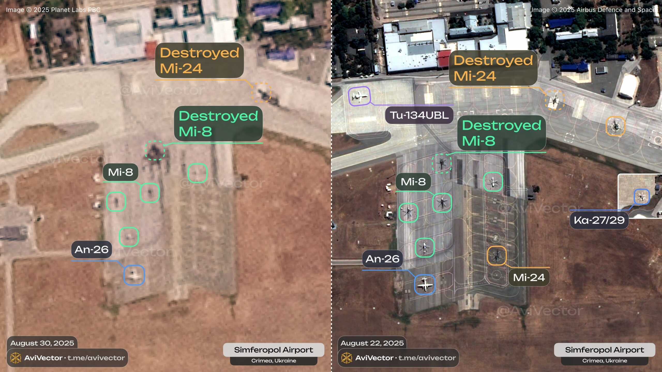 russian mi helicopters hunt drones—but occupied crimea drones hunted satellite images two destroyed simferopol airport heli chopper militarnyi reports ukrainian drone strike 30 2025 helicopter gunships airfield crimea’s capital imagery