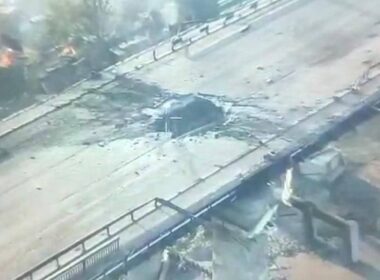 damaged still stands russians bombed vehicular bridge kherson hole over kosheva river 2 2025 @ivant_21 militarnyi suffered heavy damage after russian airstrike hit city guided bomb targeted crossing connects central