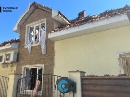 Damaged building in Odesa Oblast following Russian drone strikes.