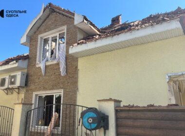 Damaged building in Odesa Oblast following Russian drone strikes.
