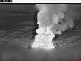 Flames engulf the Unecha oil pumping station in Bryansk oblast after a Ukrainian drone strike late on 21 August 2025. Source: Telegram/