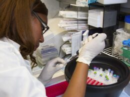 woman in white shirt pipetting a samples into a tube