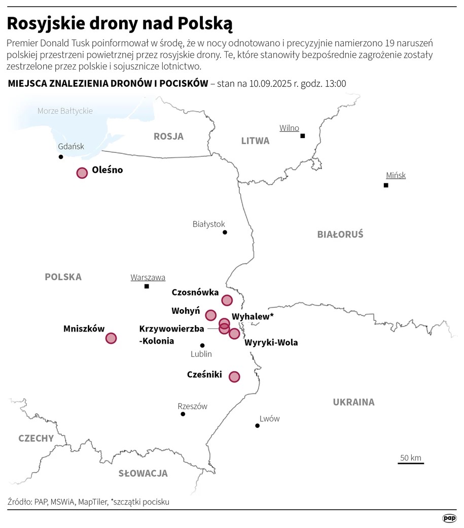 Map showing confirmed crash sites of Russian drones and missile fragments across eastern and central Poland, including 19 documented airspace violations during the 10 September 2025 incursion. Prime Minister Tusk stated that drones posing direct threats were intercepted by Polish and allied aircraft. Map: / Adam Ziemienowicz / PAP