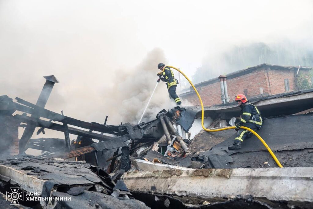 Firefighters battle blazes in Khmelnytskyi following Russia's overnight drone attack on 3 September, which destroyed ten garages and set five others ablaze in Ukraine's western region