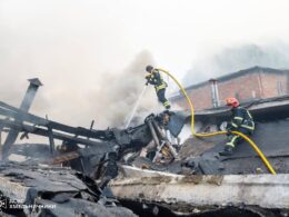Firefighters battle blazes in Khmelnytskyi following Russia's overnight drone attack on 3 September, which destroyed ten garages and set five others ablaze in Ukraine's western region